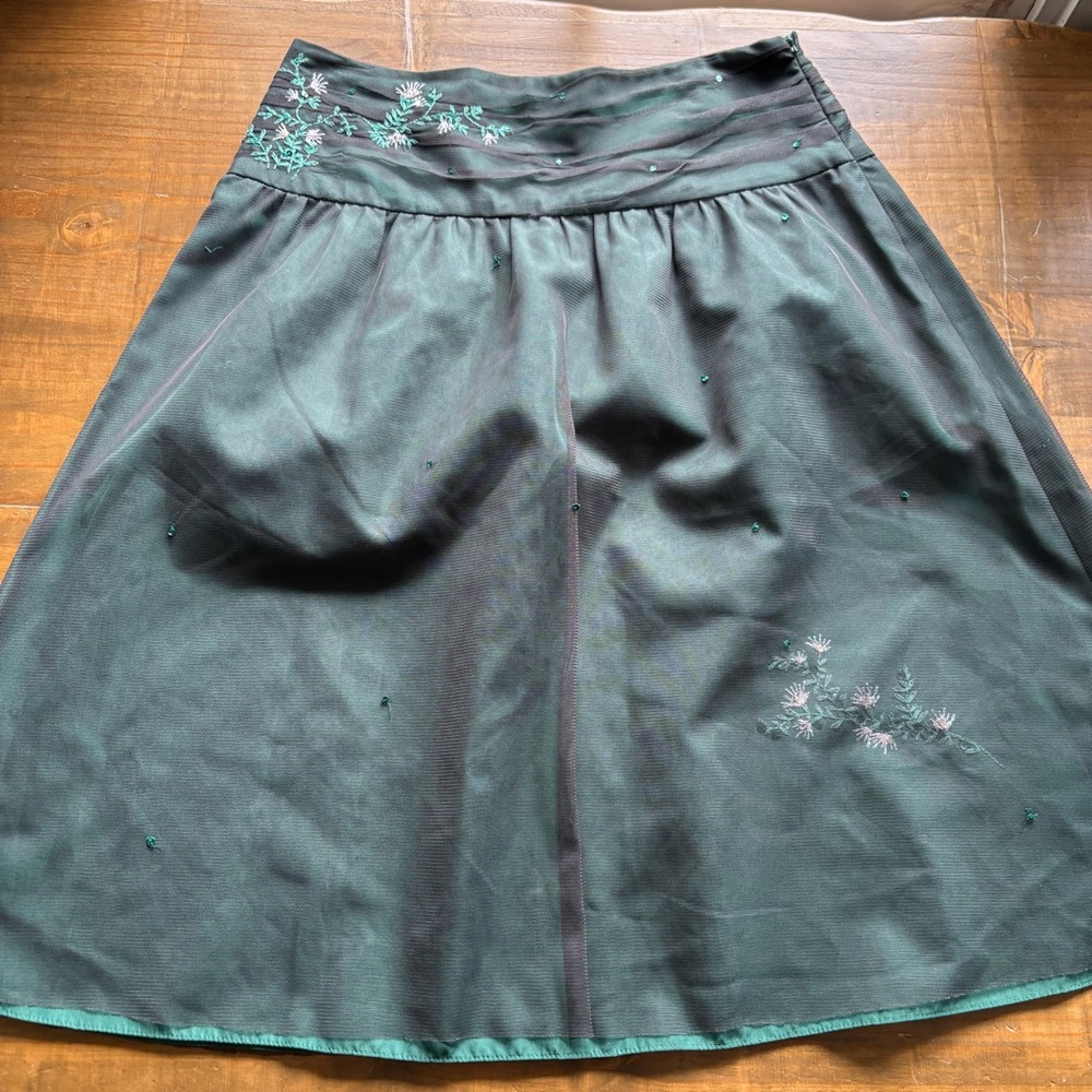 VTG Y2K  Intuitions Floral Embroidered Beaded Tulle A-Line Skirt-4-Dark Green